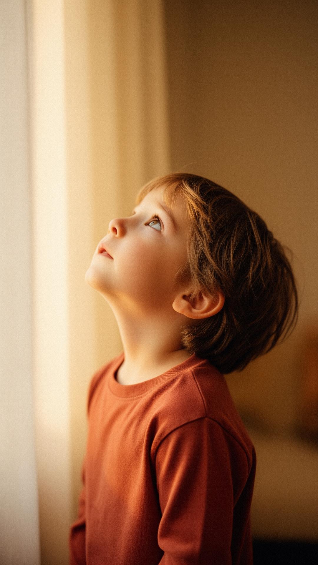 A young child looks up toward soft natural light with quiet wonder